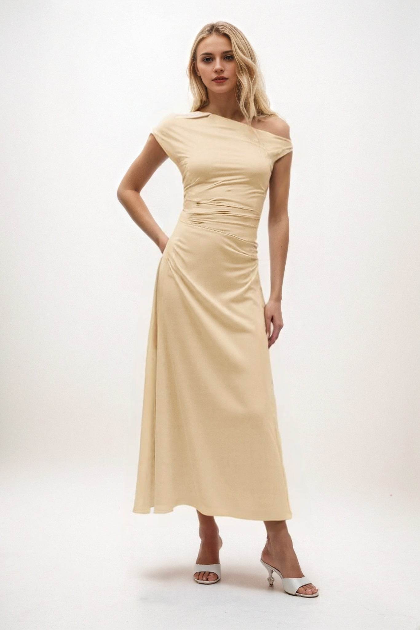 A-Line Midi Luxe Satin Bridesmaid Dress CB0830 - COCOMELODY